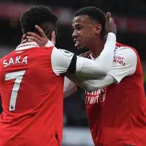 Arsenal's Saka and Gabriel in Action against Brentford, Premier League 2022-23 Arsenal's Saka and Gabriel in Action against Brentford, Premier League 2022-23