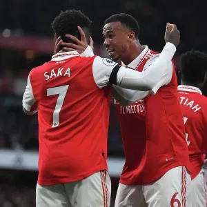 Arsenal's Saka and Gabriel Clash in Intense Battle at Emirates: Arsenal vs. Brentford, Premier League 2022-23 Arsenal's Saka and Gabriel Clash in Intense Battle at Emirates: Arsenal vs. Brentford, Premier League 2022-23