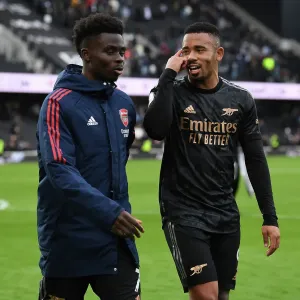 A Print of Bukayo Saka and Gabriel Jesus Celebrating A Print of Bukayo Saka and Gabriel Jesus Celebrating