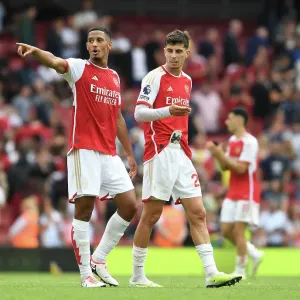 Arsenal's Saliba and Havertz Celebrate Victory Over Nottingham Forest (2023-24) Arsenal's Saliba and Havertz Celebrate Victory Over Nottingham Forest (2023-24)