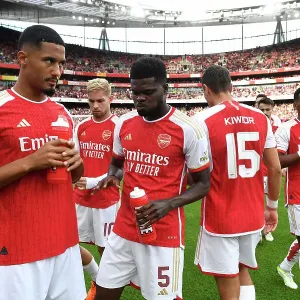 Arsenal's Saliba and Partey Share a Moment Before Arsenal FC vs AS Monaco (2023-24 Emirates Cup) Arsenal's Saliba and Partey Share a Moment Before Arsenal FC vs AS Monaco (2023-24 Emirates Cup)
