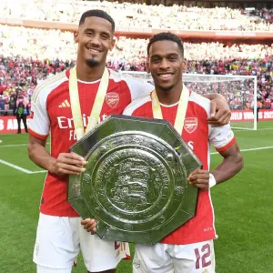 Arsenal's Saliba and Timber Celebrate at 2023 Community Shield Against Manchester City Arsenal's Saliba and Timber Celebrate at 2023 Community Shield Against Manchester City
