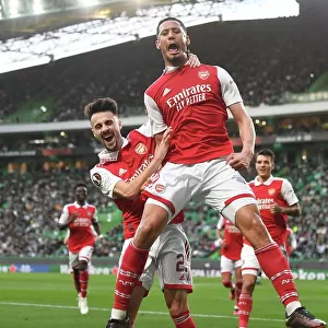 Arsenal's Saliba and Vieira: Celebrating a Goal in Europa League Victory over Sporting Lisbon