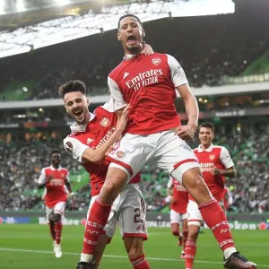 Arsenal's Saliba and Vieira: Celebrating a Goal in Europa League Victory over Sporting Lisbon