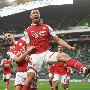 Arsenal's Saliba and Vieira: United in Victory - Celebrating a Goal in Europa League Clash Against Sporting Lisbon