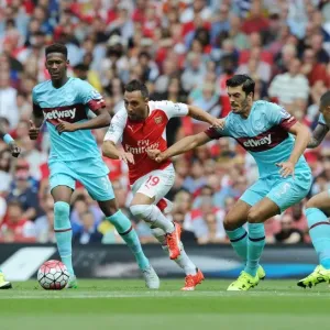 Arsenal's Santi Cazorla Faces Off Against West Ham's Kouyate, Oxford, Reid, and Tomkins (2015-16)