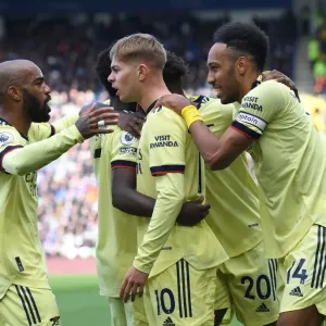 Arsenal's Smith Rowe, Aubameyang, and Lacazette Celebrate Goals Against Leicester City (2021-22)