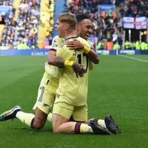 Arsenal's Smith Rowe and Aubameyang Celebrate Double Strike: Arsenal's 2-0 Victory over Leicester City (2021-22)