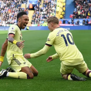 Arsenal's Smith Rowe and Aubameyang Celebrate Goals Against Leicester City (2021-22)