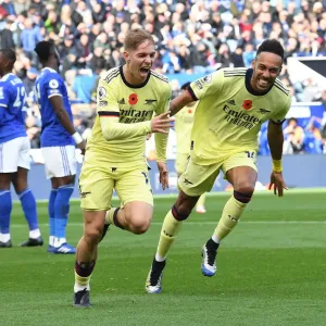 Arsenal's Smith Rowe and Aubameyang: Celebrating Their Goals in Leicester City Victory (2021-22)
