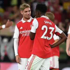 Arsenal's Smith Rowe and Sambi Celebrate Victory Over Aston Villa in 2022-23 Premier League Arsenal's Smith Rowe and Sambi Celebrate Victory Over Aston Villa in 2022-23 Premier League