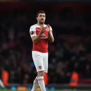 Arsenal's Sokratis Celebrates with Fans after Europa League Semi-Final First Leg vs Valencia