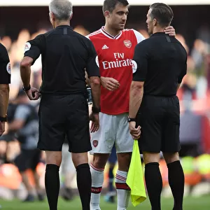 Arsenal's Sokratis Contests Referee Decision During Arsenal v Tottenham Premier League Clash
