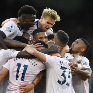 Arsenal's Star Quartet: Odegaard, Saka, Saliba, and Jesus Celebrate First Goal vs Crystal Palace (2022-23 Premier League)
