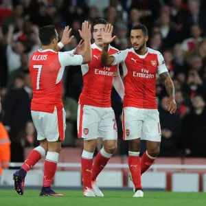 Arsenal's Theo Walcott, Hector Bellerin, and Alexis Sanchez Celebrate Goals Against Ludogorets Razgrad in 2016-17 UEFA Champions League Arsenal's Theo Walcott, Hector Bellerin, and Alexis Sanchez Celebrate Goals Against Ludogorets Razgrad in 2016-17 UEFA Champions League