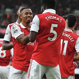 Arsenal's Thomas Partey and Gabriel Jesus Celebrate Goals Against Nottingham Forest (2022-23)