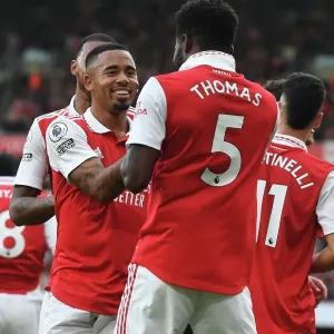 Arsenal's Thomas Partey and Gabriel Jesus Celebrate Goals Against Nottingham Forest (2022-23)