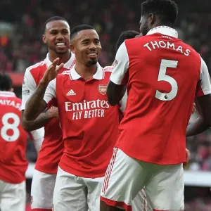 Arsenal's Thomas Partey and Gabriel Jesus: Celebrating Four Goals Against Nottingham Forest (2022-23)