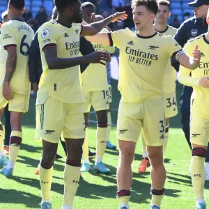 Arsenal's Thomas Partey and Kieran Tierney Celebrate Victory over Aston Villa in Premier League Arsenal's Thomas Partey and Kieran Tierney Celebrate Victory over Aston Villa in Premier League