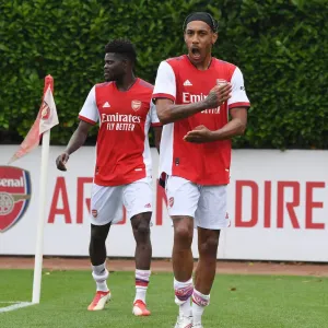 Arsenal's Thomas Partey and Pierre-Emerick Aubameyang Post-Match: Arsenal v Millwall, 2021-22 Pre-Season Friendly Arsenal's Thomas Partey and Pierre-Emerick Aubameyang Post-Match: Arsenal v Millwall, 2021-22 Pre-Season Friendly