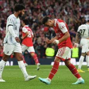 Arsenal's Triumph: Martinelli Celebrates Saka's Goal vs. Liverpool in the 2022-23 Premier League