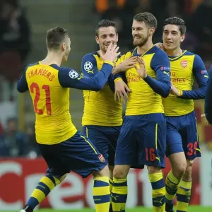 Arsenal's Triumph: Ramsey, Bellerin, Debuchy, and Chambers Celebrate Goals Against Galatasaray in Champions League Arsenal's Triumph: Ramsey, Bellerin, Debuchy, and Chambers Celebrate Goals Against Galatasaray in Champions League