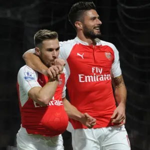 Arsenal's Triumph: Ramsey and Giroud Celebrate Goals Against Watford (2015/16)