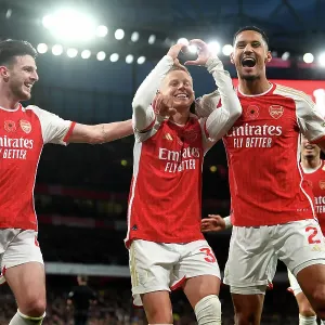Arsenal's Triumph: Zinchenko, Rice, and Saliba's Euphoric Celebration after Scoring the Third Goal vs Burnley (2023-24) Arsenal's Triumph: Zinchenko, Rice, and Saliba's Euphoric Celebration after Scoring the Third Goal vs Burnley (2023-24)