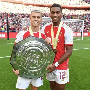 Arsenal's Trossard and Timber Celebrate Community Shield Victory over Manchester City Arsenal's Trossard and Timber Celebrate Community Shield Victory over Manchester City