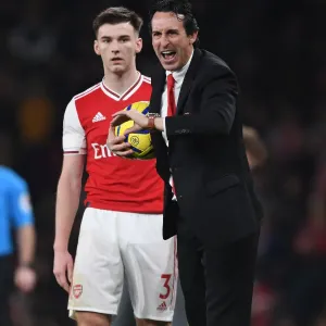 Arsenal's Unai Emery and Kieran Tierney During Arsenal vs Southampton Premier League Match, 2019 Arsenal's Unai Emery and Kieran Tierney During Arsenal vs Southampton Premier League Match, 2019