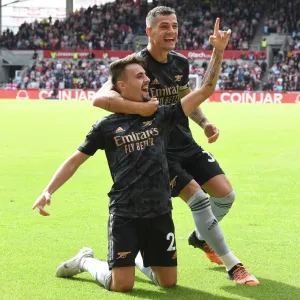 Arsenal's Unstoppable Duo: Fabio Vieira and Granit Xhaka Celebrate Their Third Goal Against Brentford (2022-23) Arsenal's Unstoppable Duo: Fabio Vieira and Granit Xhaka Celebrate Their Third Goal Against Brentford (2022-23)
