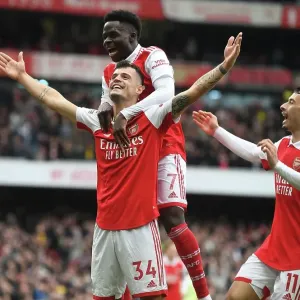 Arsenal's Unstoppable Triumph: Xhaka, Saka, and Martinelli's Euphoric Celebration (2022-23) Arsenal's Unstoppable Triumph: Xhaka, Saka, and Martinelli's Euphoric Celebration (2022-23)