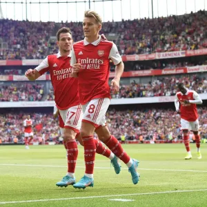 Arsenal's Victory Celebration: Martin Odegaard Scores Fifth Goal vs. Everton (2021-22)