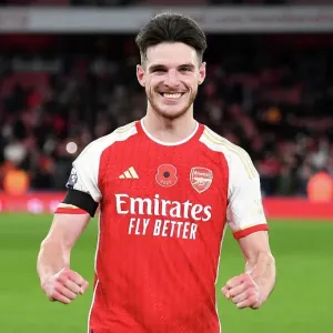 Arsenal's Victory: Declan Rice Celebrates at Emirates Stadium (Arsenal v Burnley 2023-24) Arsenal's Victory: Declan Rice Celebrates at Emirates Stadium (Arsenal v Burnley 2023-24)