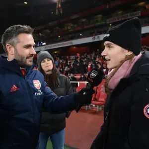 Arsenal's Viviane Miedema Holds Half-Time Interview Amidst Intense Arsenal vs Manchester United Clash (Premier League, 2019-20) Arsenal's Viviane Miedema Holds Half-Time Interview Amidst Intense Arsenal vs Manchester United Clash (Premier League, 2019-20)