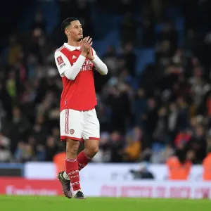 Arsenals William Saliba feiert den Sieg im FA-Cup gegen Manchester City Arsenals William Saliba feiert den Sieg im FA-Cup gegen Manchester City
