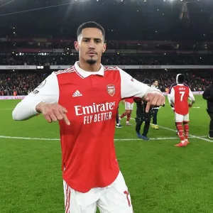Arsenal's William Saliba Celebrates Thrilling Victory Over Manchester United in the Premier League (2022-23)