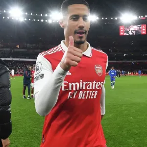 Arsenal's William Saliba Celebrates Victory Over Everton in Premier League Clash, 2022-23