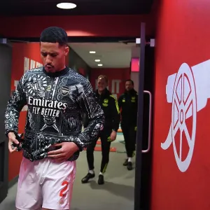 Arsenal's William Saliba Gears Up: Arsenal FC vs West Ham United, Premier League 2023-24 Arsenal's William Saliba Gears Up: Arsenal FC vs West Ham United, Premier League 2023-24