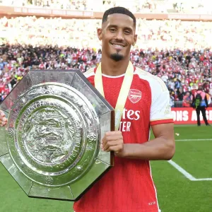 Arsenal's William Saliba Reacts After Community Shield Defeat to Manchester City, 2023-24 Arsenal's William Saliba Reacts After Community Shield Defeat to Manchester City, 2023-24