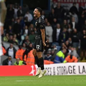 Arsenal's William Saliba Reacts at the Final Whistle vs Leeds United (Premier League 2022-23)