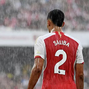 Arsenal's William Saliba Watches on During Arsenal vs Fulham Premier League Clash (2023-24)