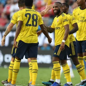 Arsenal's Willock and Lacazette Celebrate Goal in 2019 International Champions Cup, Charlotte