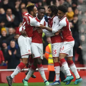 Arsenal's Winning Moment: Welbeck, Aubameyang, Elneny, and Nelson Celebrate Goals Against Southampton