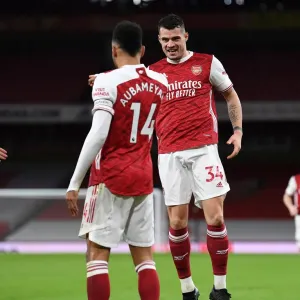 Arsenal's Xhaka and Aubameyang Celebrate First Goal in Empty Emirates Stadium Against Newcastle United (2021)