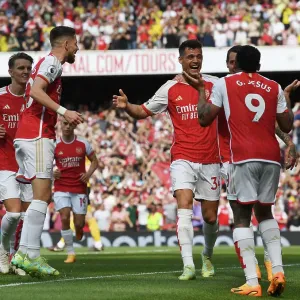Arsenal's Xhaka and Jesus Celebrate First Goal Against Wolverhampton Wanderers (2022-23) Arsenal's Xhaka and Jesus Celebrate First Goal Against Wolverhampton Wanderers (2022-23)