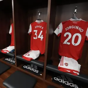 Arsenal's Xhaka and Jorginho Jerseys in Leicester City Changing Room - Premier League Clash 2022-23 Arsenal's Xhaka and Jorginho Jerseys in Leicester City Changing Room - Premier League Clash 2022-23