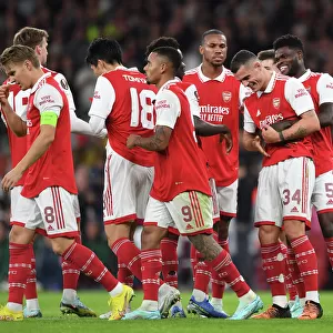 Arsenal's Xhaka and Partey Celebrate Goal Against PSV Eindhoven in Europa League