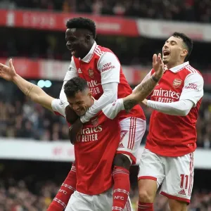 Arsenal's Xhaka, Saka, and Martinelli Celebrate Goals Against Leeds United in 2022-23 Premier League Arsenal's Xhaka, Saka, and Martinelli Celebrate Goals Against Leeds United in 2022-23 Premier League