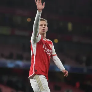Arsenal's Zinchenko Celebrates in Arsenal FC vs Sevilla FC, UEFA Champions League 2023/24